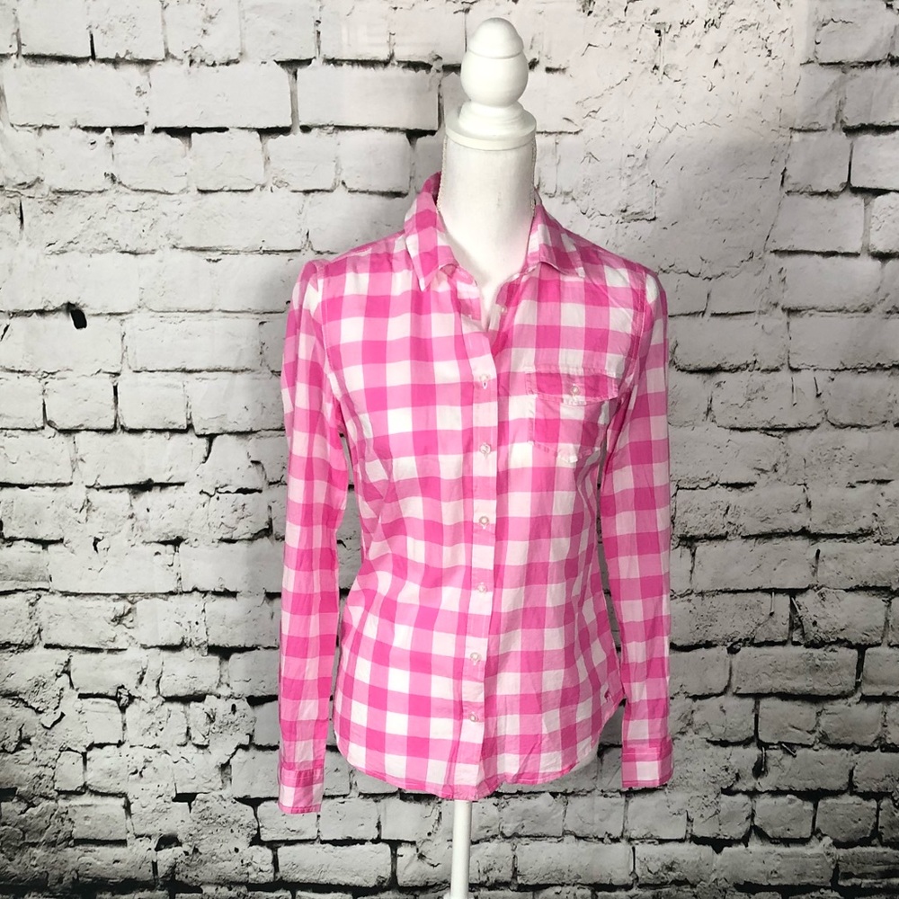 Aeropostale Pink and White Checked Gingham Long Sleeve Top, Size Medium